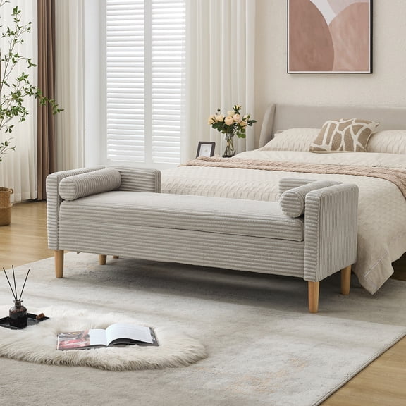 64.7"W Upholstered Corduroy Flip-top Storage End of Bed Bench, Accent Window Footrest with Armrests&Backrest&2 Bolsters Rubberwood Legs for Living Room, Hallway, Entryway Bedroom
