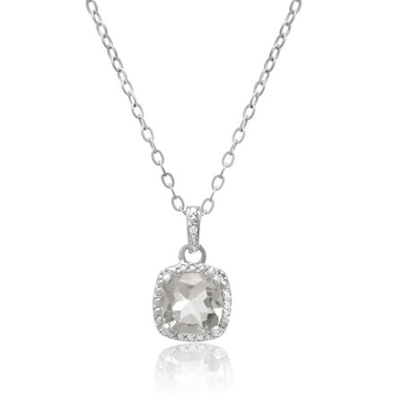 - 2 Carat Cushion Cut Green Amethyst and Halo Diamond Necklace, Platinum Overlay, 18 Inches