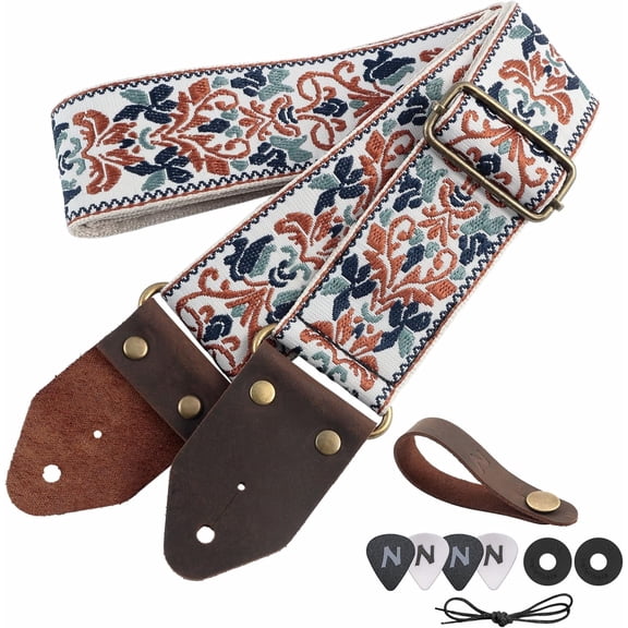TAETOE Guitar Strap,Jacquard Embroidery Cotton Guitar Straps with Crazy Horse Leather Ends for Bass, Electric & Acoustic, Best Gifts for Kids, Guitarists(Golden Jacquard)