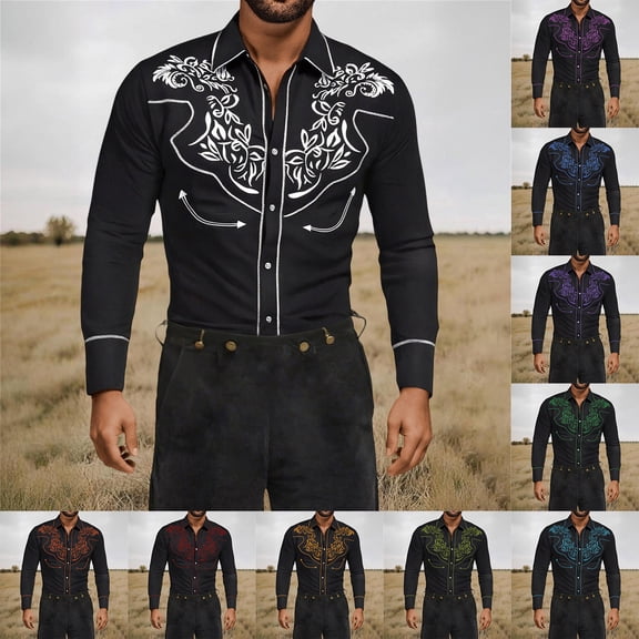 Western Shirts for Men Cowboy Button Up Shirts Long Sleeve Embroidered Tops Slim Fit Spring Fall Green XXXL