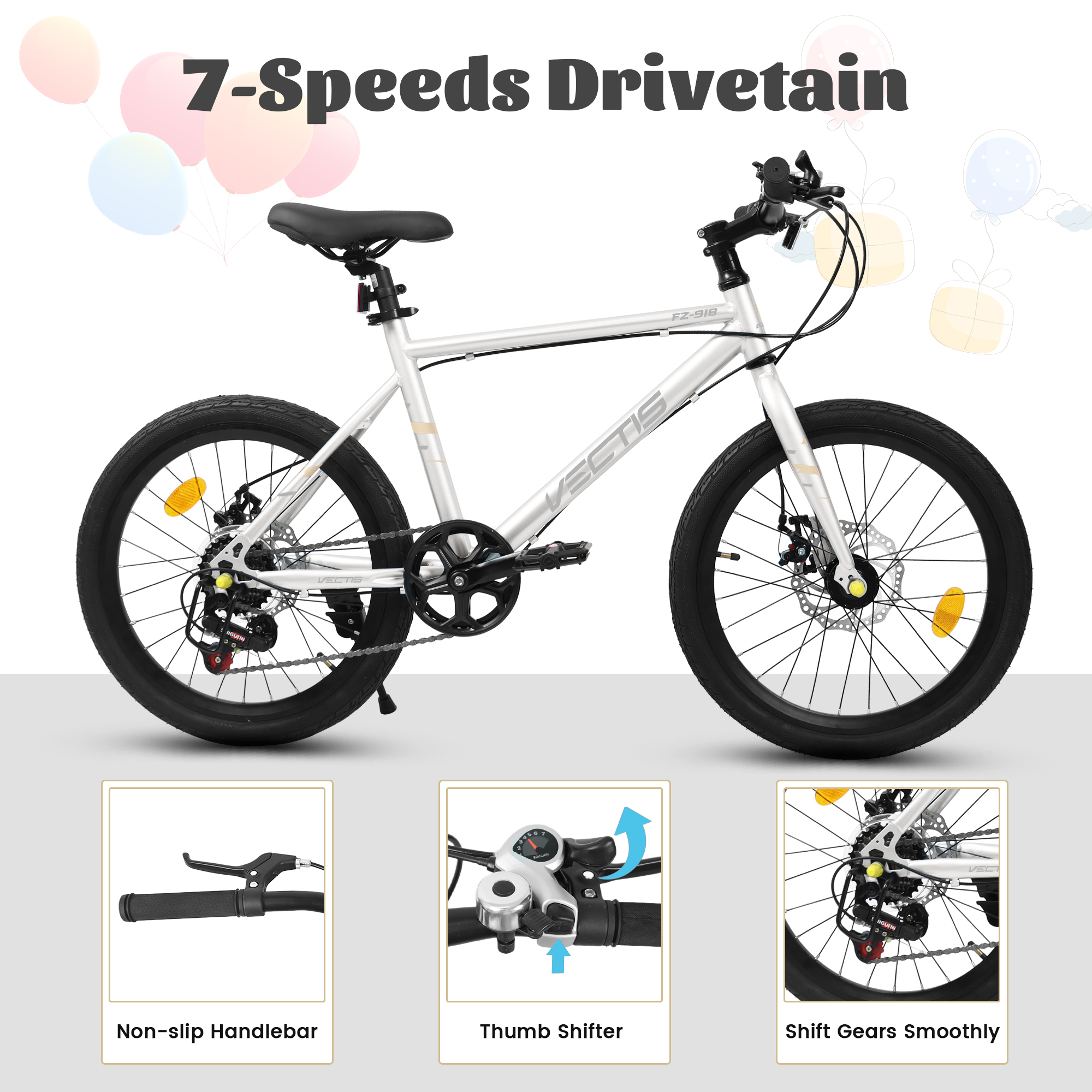Aukfa 20" Kids Bike for Boys Girls,7-Speed Steel Frame,Dual Disc Brakes,White