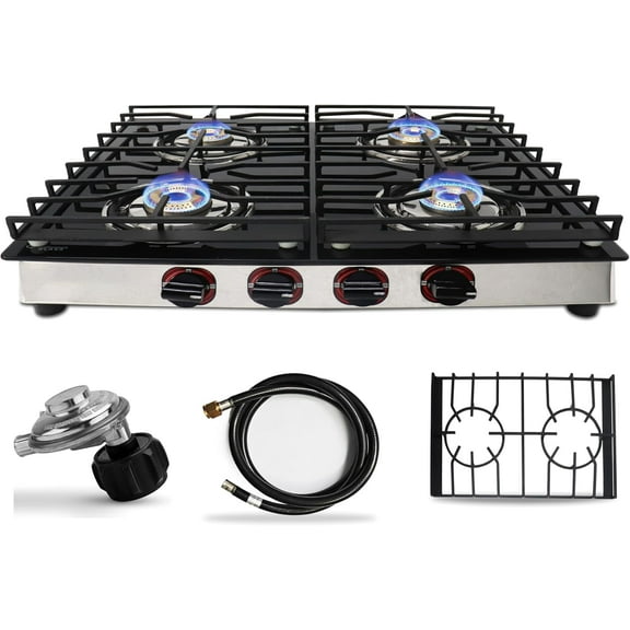 4 Burner Gas Stove Top - 25" Black Tempered Glass Countertop, Stainless Burners, RV Stove, Includes Hose & Regulator for Propane Cooktop