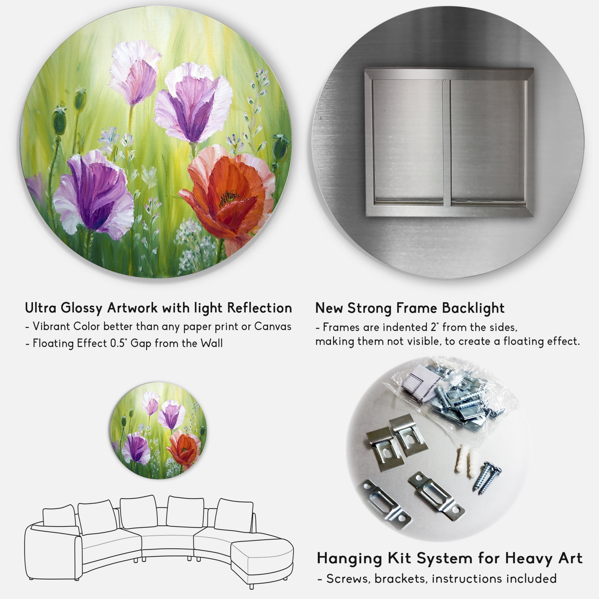 Designart 'Blossoming Red and Purple Poppies In The Morning II' Traditional Circle Metal Wall Art 23x23 - Disc of 23