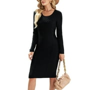 ZKESS Sweater Dress for Women Cable Knit Crew Neck Long Sleeve Solid  Bodycon Pencil Midi Sweater Dress Knee Length