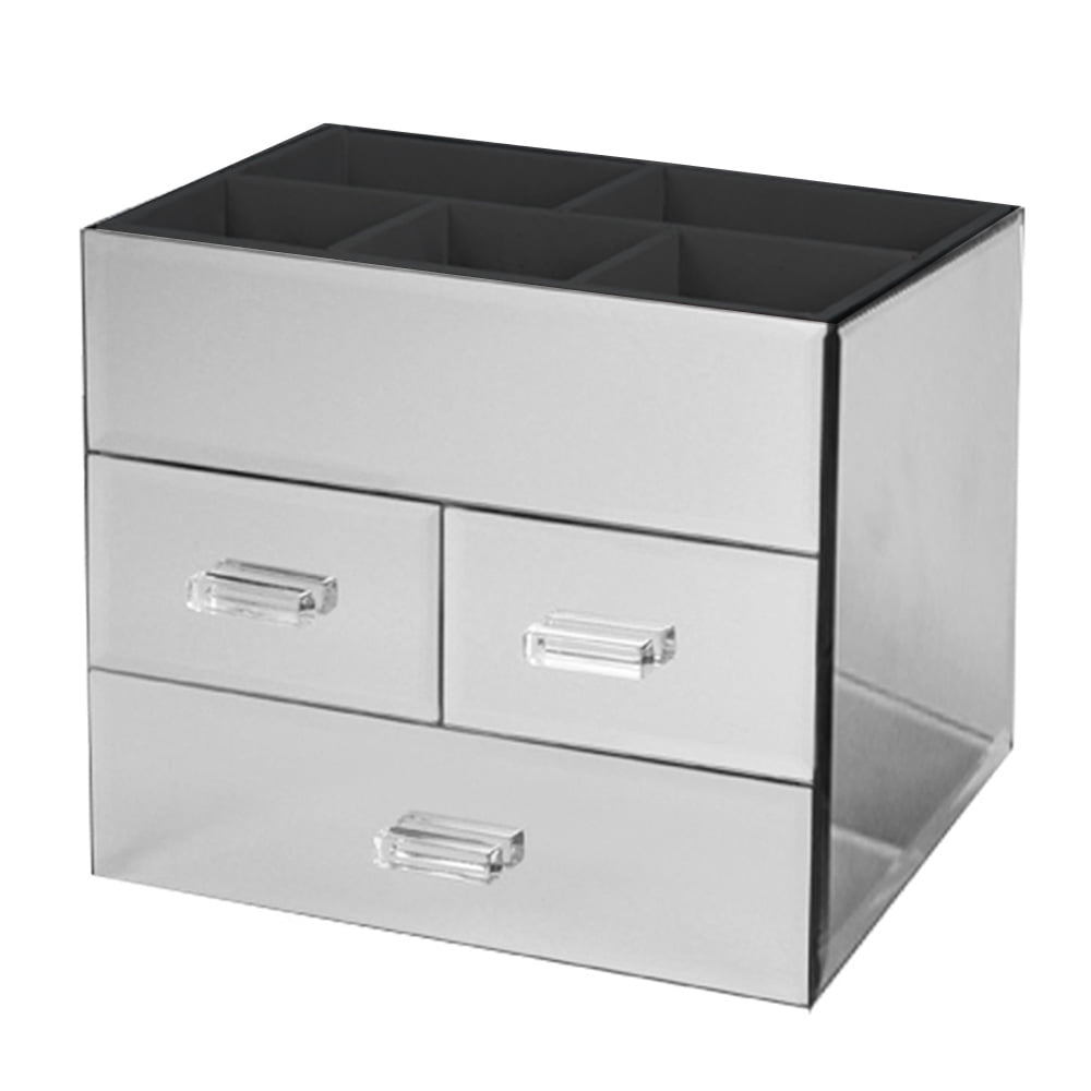 OnDisplay Miro 3 Drawer Mirrored Glass Makeup & Jewelry Organizer – Tiered Vanity Storage Box with Drawers and Velvet Lined Compartments (Silver)