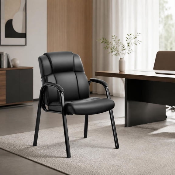 Conference Room Reception Chair, PU Leather, Padded Arms, Ergonomic Executive Office Guest Chair, Sturdy Metal Legs, Black, No Wheels