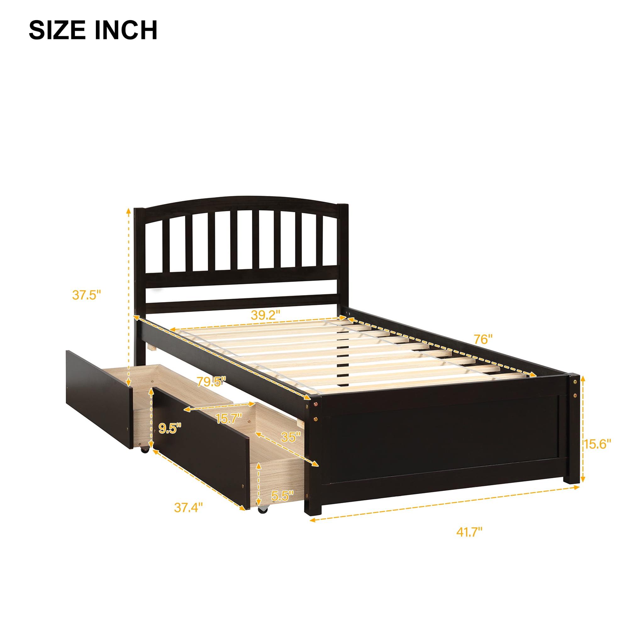 Holaki Twin Size Wood Bed with 2 Storage Drawers for Kids, Espresso