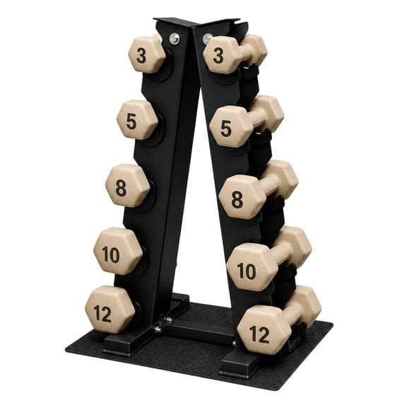 Aurorafy Neoprene Dumbbell Workout Set w/ Rack, Pair of 3, 5, 8 ,10, & 12lb Weights, Beige