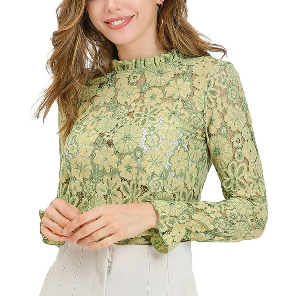 Blusa Floral Cuello Volantes Encaje Ganchillo Verde T M