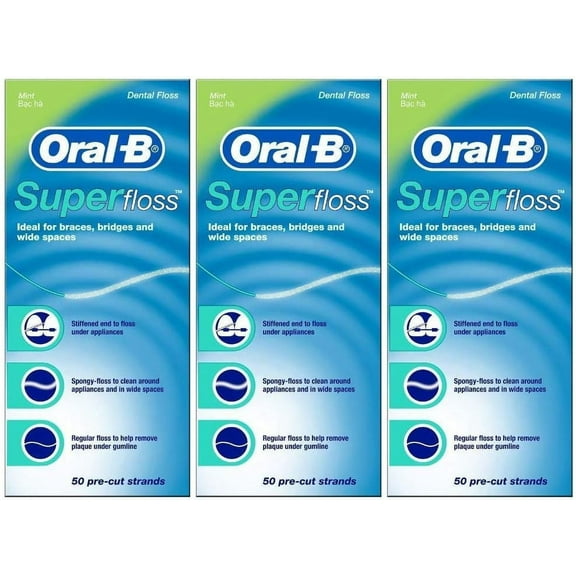 Oral-B Super Floss, 50 Pre-Cut Strands, Mint (Pack of 3)