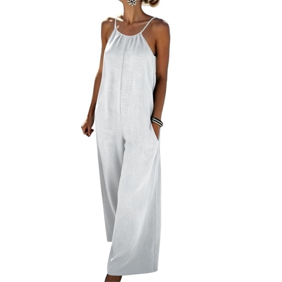 PWPSG Womens Summer Denim Jumpsuits Sleeveless V Neck Casual Playsuits with Drawstring Waist and Wide Leg White XXL