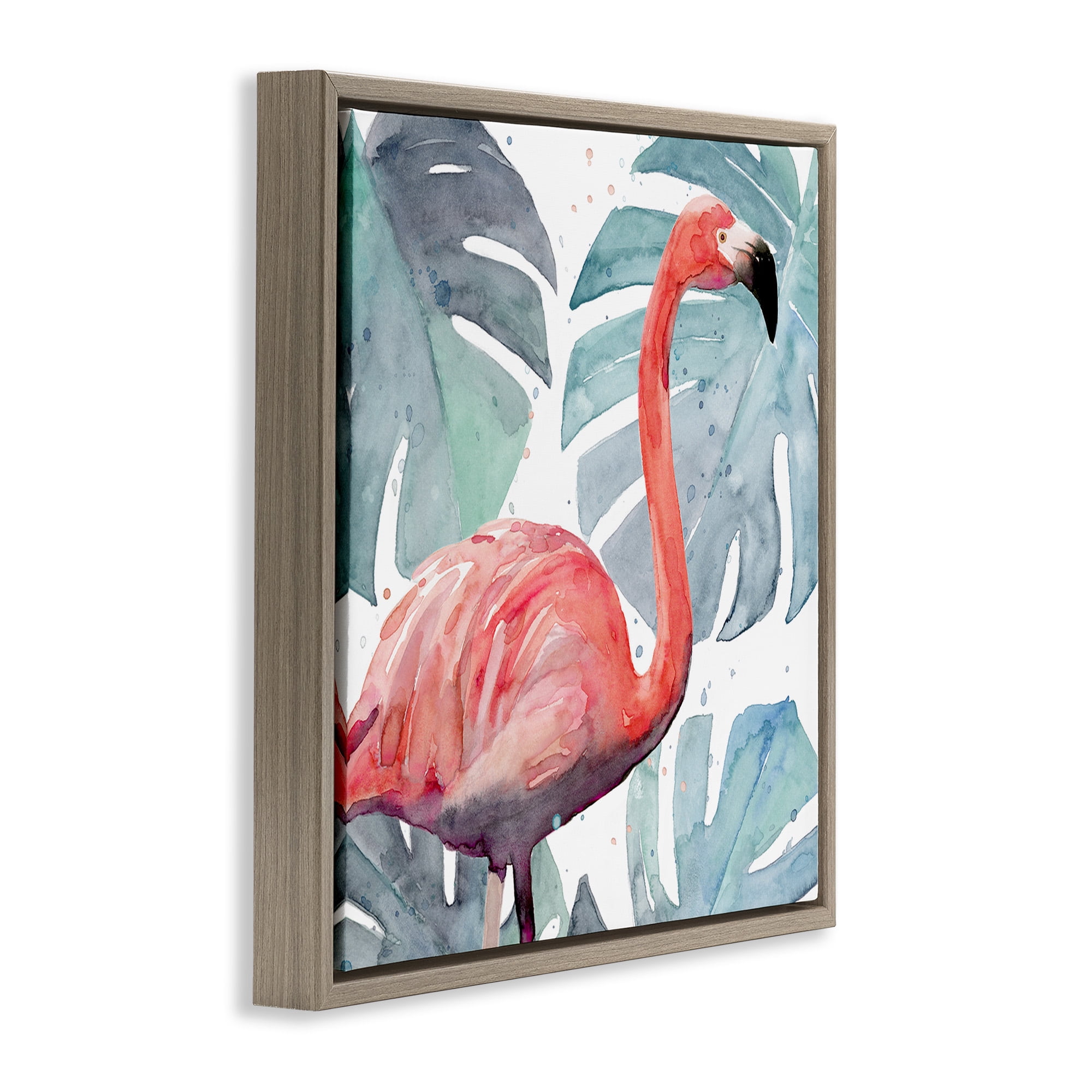 Stupell Industries Flamingo over Tropical Greenery Animals & Insects Painting Brown Floater Framed Canvas Art Print Wall Art, 25 x 25