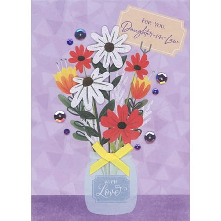 Designer Greetings Sparkling 3D Die Cut White Daisies in Small Blue Jar with Yellow Bow on Purple Hand Decorated Mother's Day Card for Daughter-in-Law