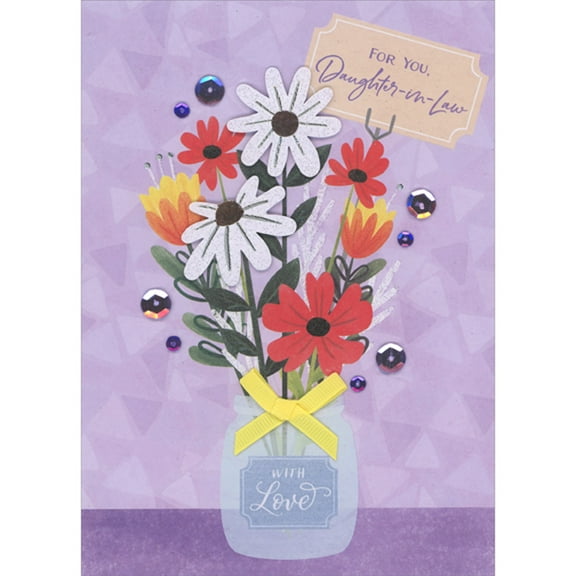 Designer Greetings Sparkling 3D Die Cut White Daisies in Small Blue Jar with Yellow Bow on Purple Hand Decorated Mother's Day Card for Daughter-in-Law