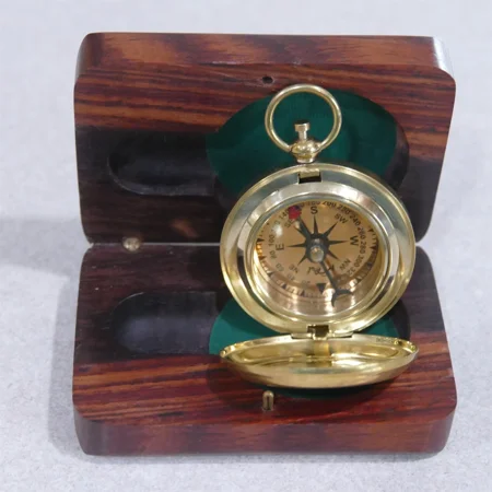 Handmade Brass Hunter Cased Compass Arrow Hand in Wood Case ~ Clean Works