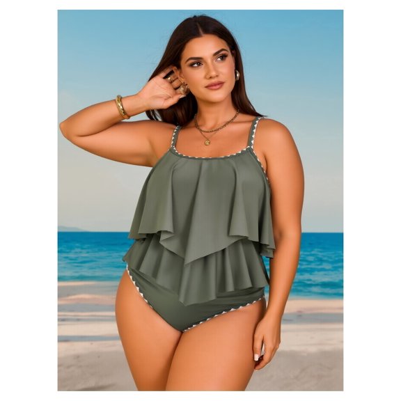 Women's Plus Size Tankini Swimsuits Two Piece Bathing Suit Color Block Tummy Control High Waisted Swimwear