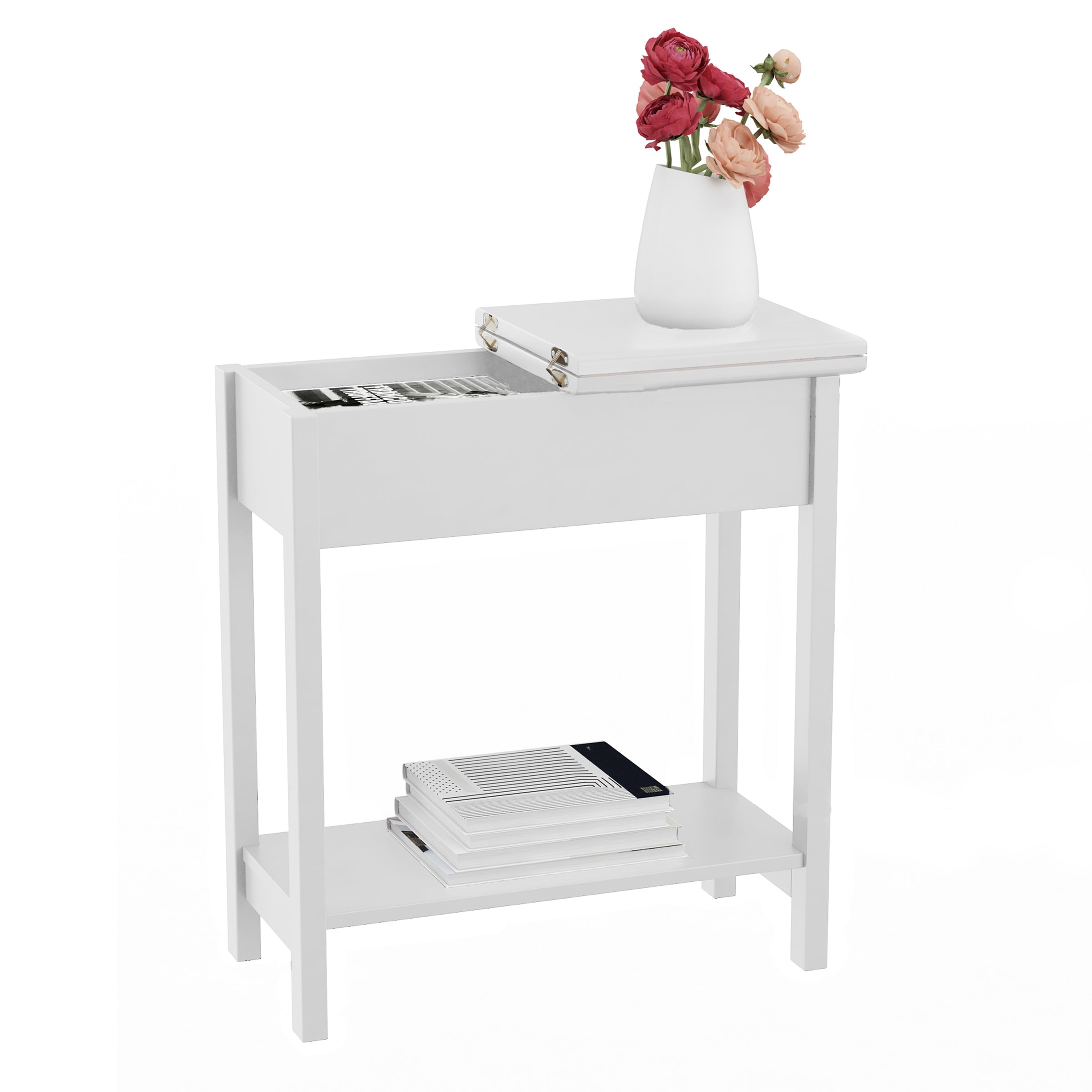 Lavish Home Narrow End Table with Storage Compartment and Shelf (White)