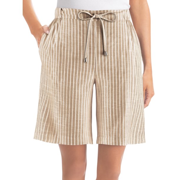 Collections Etc Women's Striped Cotton Drawstring Shorts with Pockets