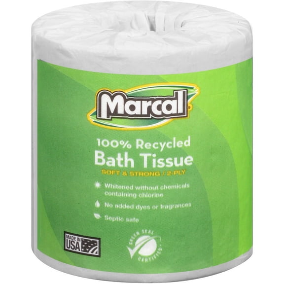 Marcal 100% Recycled, Soft & Absorbent Bathroom Tissue 2 Ply - 336 Sheets/Roll - White - Soft, Lint-free, Septic Safe - For Washroom - 48 / Carton