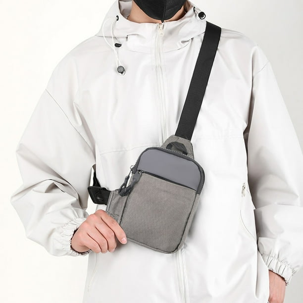 Bolso Pequeño Cruzado, Riñonera, Bandolera, Funda de Viaje Ligera con Orificio para Auriculares, 22 x 14 x 3 cm, Nylon Gris y Blanco, para Uso Diario