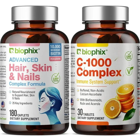 biophix Hair Skin and Nails Complex 180 Caplets with 10000 mcg Biotin - Free Vitamin C-1000 30 Tablets - Multivitamin Supports Strong Nails Beautiful Hair Healthy Aging