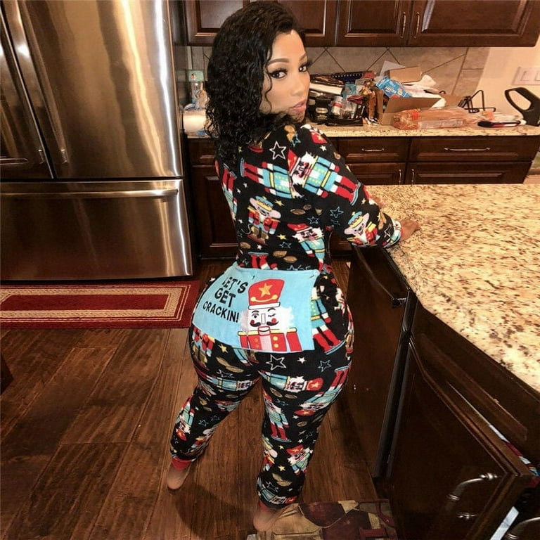 Women Sexy Christmas Butt Flap Pajamas Long Sleeve Deep V Neck