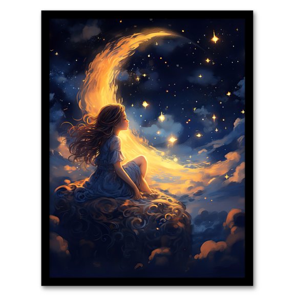 Crescent Moon Dreams Whimsy Little Girls Art Print Framed Poster Wall Decor 12x16 inch