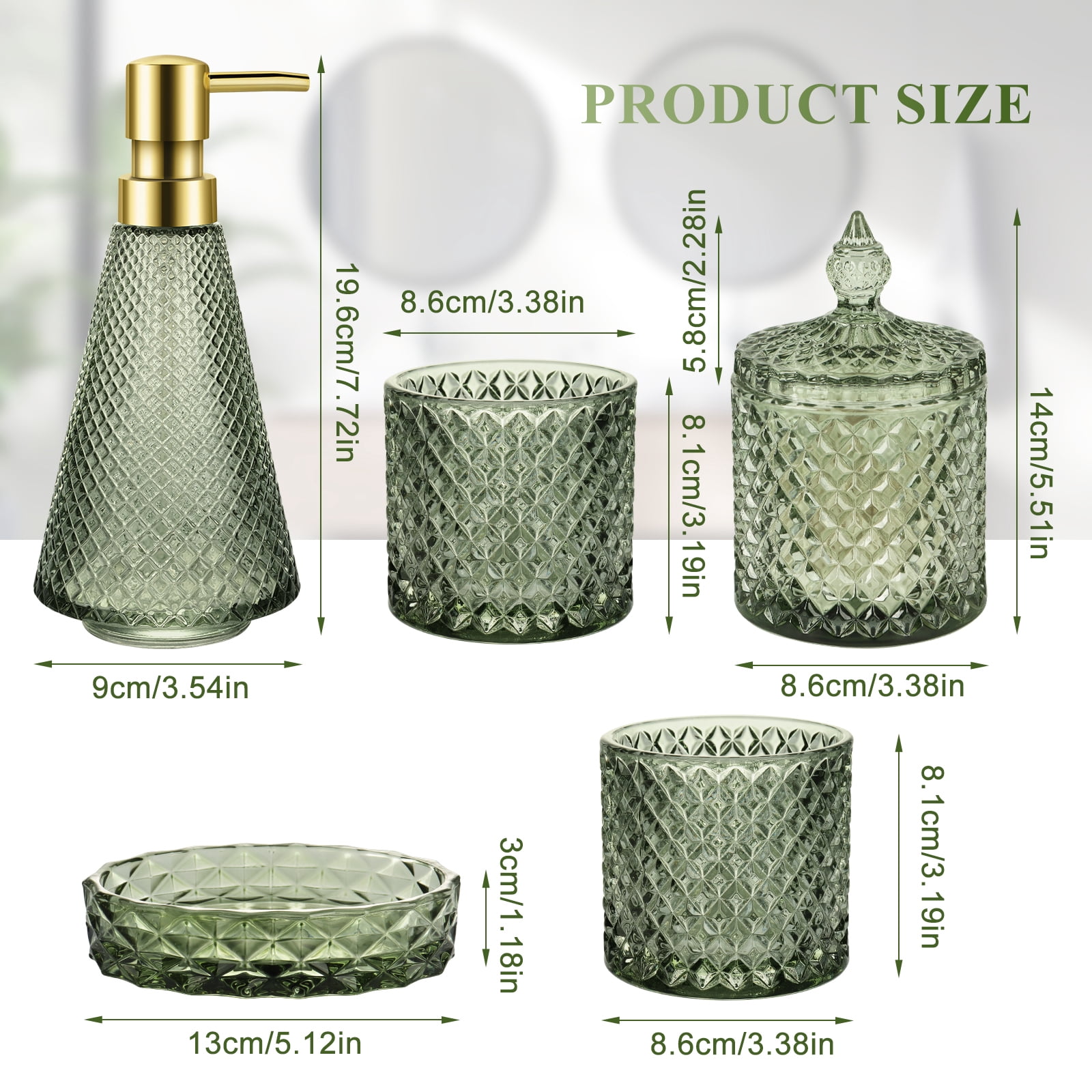 FOUNDLDF 5Pcs Clear Glass Bathroom Accessories, Bathroom Accessories Set with Lotion Soap Dispenser, Soap Dish, Tumbler, Cotton Swab Jars, Green