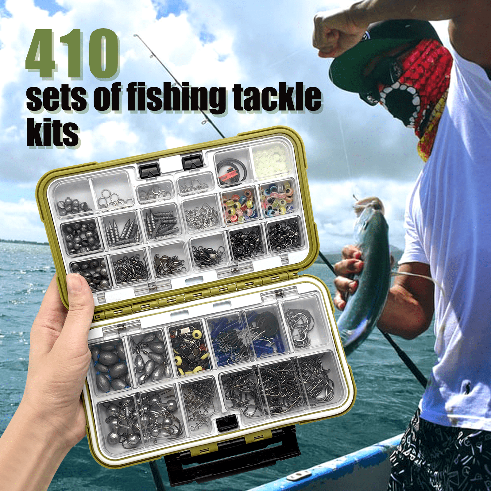 Arcticwind Fishing Accessories Kit, 410 PCS Hooks, Weights, Sinkers, Swivels, Snaps, Beads, Bobber Stops, for Saltwater & Freshwater Fishing, Tackle Box Included