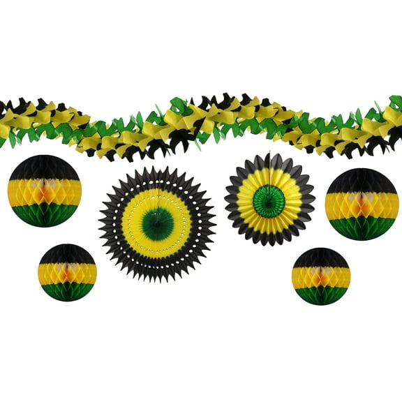 Devra Party 7-piece Complete Jamaican Honeycomb Decoration Set of Balls, Fans, and Garland (Black / Yellow / Green)