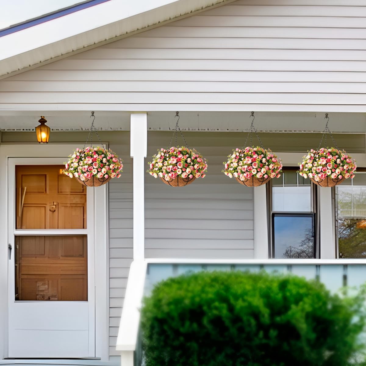 Artificial Fake Hanging Plants Flowers Basket for Spring Outdoor Decoration,Faux Silk Flowers Realistic UV Resistant in 12 inch Coconut Lining Baskets for Patio Decor(Rose red White)