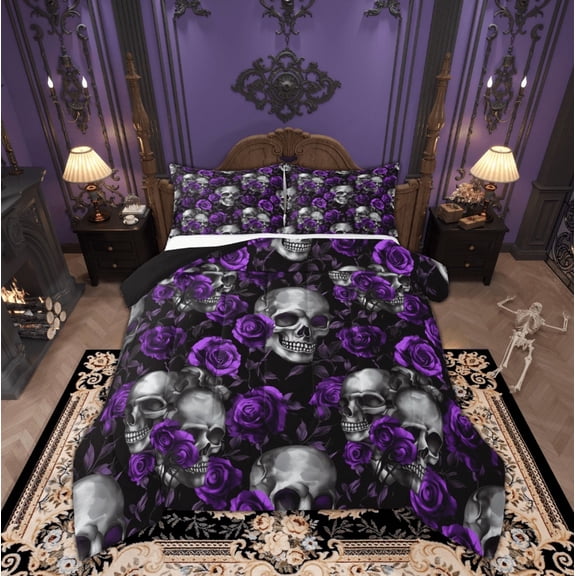 Feelyou Skeleton Skull Queen Comforter Set, Romantic Gothic Halloween Bedding Sets, Dreamy Purple Rose Reversible Bedding Comforter Set, Lightweight Room Decor, 3pcs
