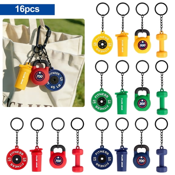 EEEkit 16pcs Gym Keychain, Bulk Weight Fitness Gifts, Barbell Dumbbell Kettlebell Bottle Keychain, Gym Bag Charms, Workout Fitness Accessories