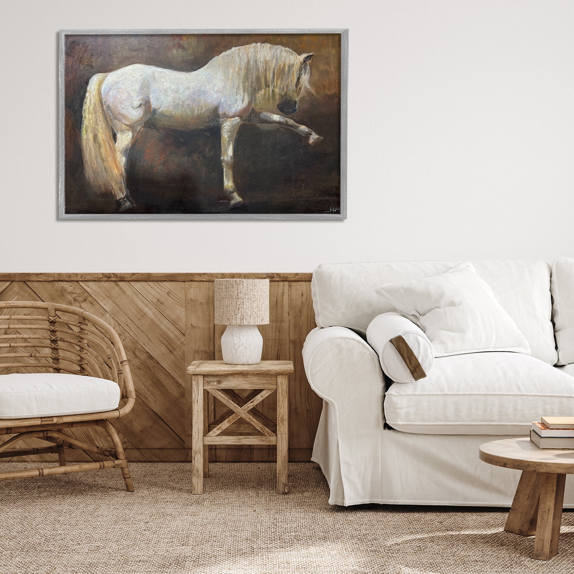 Stupell Industries Elegant White Stallion in Motion Gray Framed Giclee Art, design by Hilary McCarthy