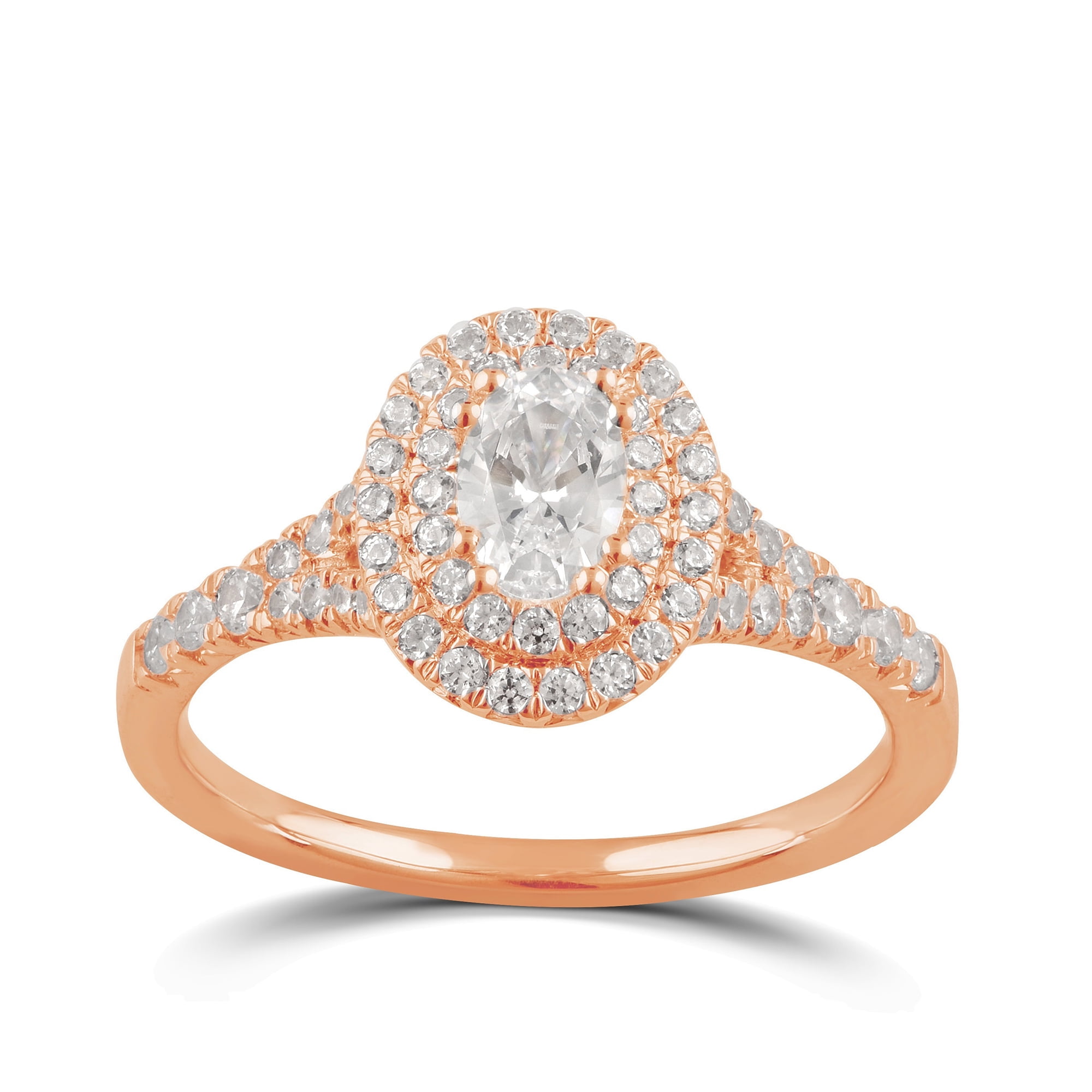 Arista 1 ct Oval Swarovski Diamonds Double Halo Engagement Ring in Pink Plated Sterling Silver