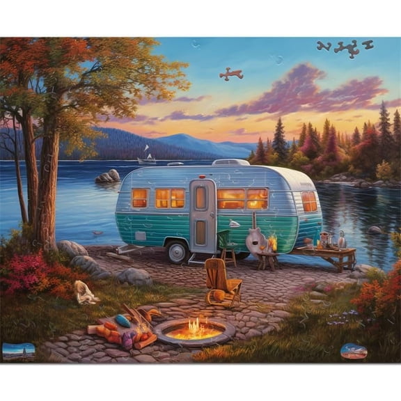Puzzles for Adults and Family 300 Pieces Jigsaw Puzzles Camping car Lakeside Campfire Formation Wooden Modern Home Decor Wall Art Unique Gift 14.9'' x 10.2''