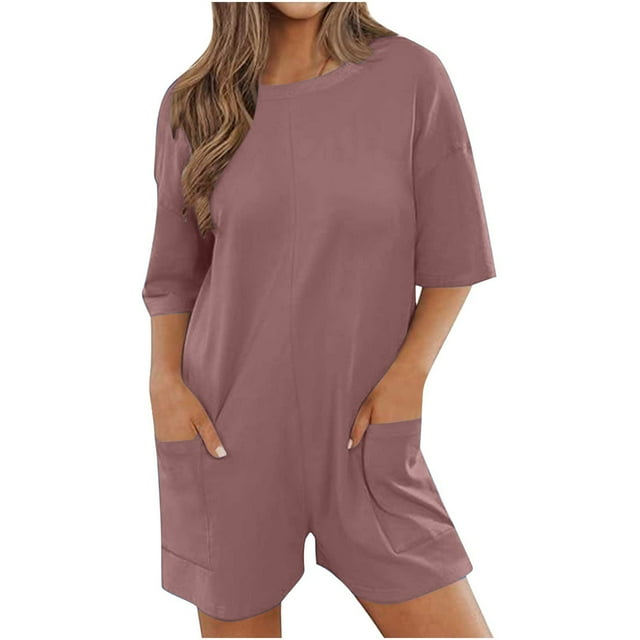 AherBiu Rompers for Women Summer 2024 Loose Casual Short Sleeve Round Neck Backless Jumpsuit with Pockets