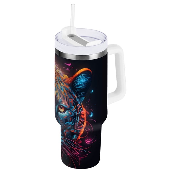 JSTEL Leopard Head 40 oz Tumbler Stainless Steel Water Bottle Vacuum Insulated Cup with Straw Lid & Handle For Travel Car Cup Holder