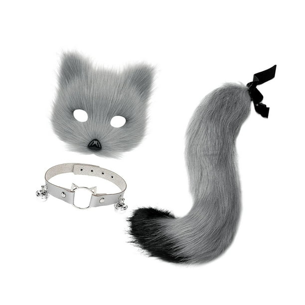 Máscara y cola de Therian, novedoso disfraz de Halloween, máscara facial falsa con collar Gris
