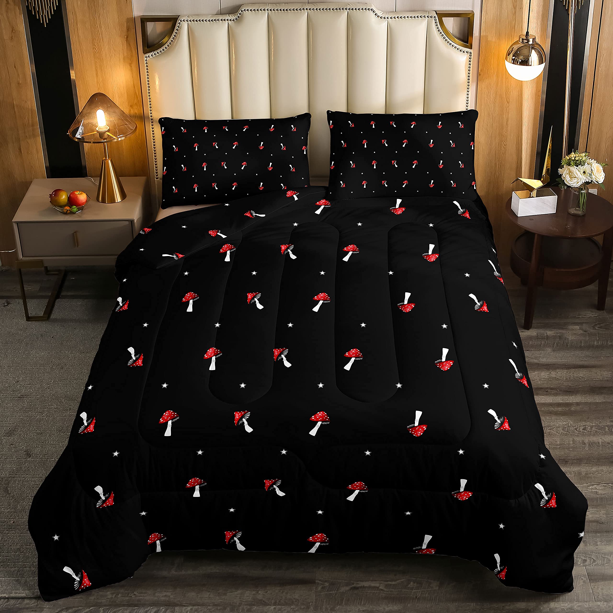 Cute Mushroom Comforter Set Queen Kid Cartoon Kawaii Reversible Bedding