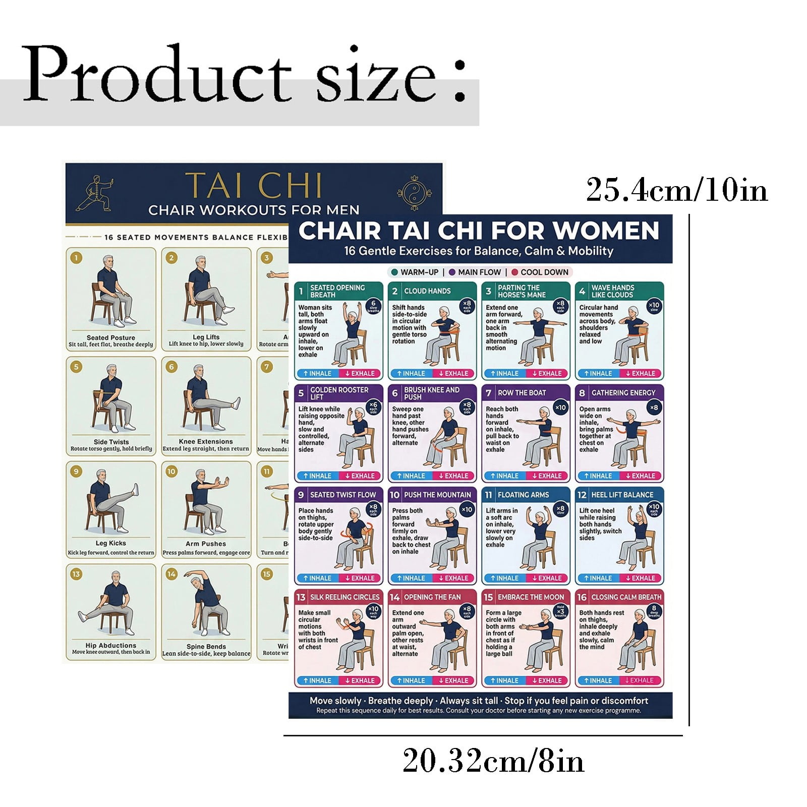 Tai Chi Chair Workout Chart for Seniors – 30 Day Exercise & Walking Program Poster, Seated Calisthenics Routine for Balance, Mobility & Home Fitness (4 PCS)