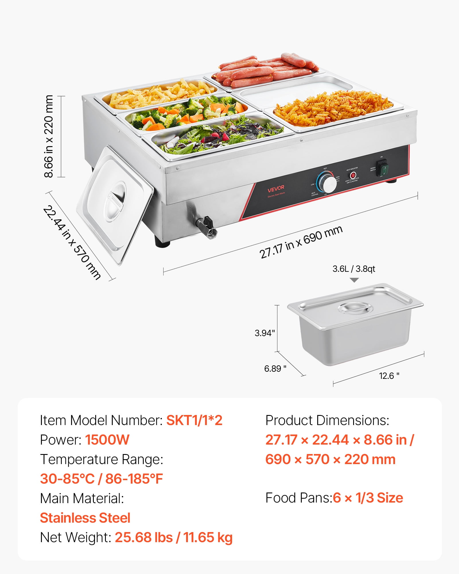 VEVOR Commercial Food Warmer, 1500W Electric Stainless Steel Steam Food Warming with Lid, 6-Pan Fast Heating Countertop Buffet Bain Marie with Power Cord, for Catering, Restaurant, Party & Buffets
