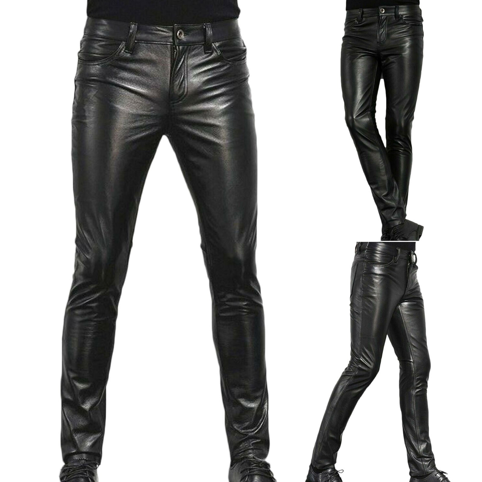 APEXFWDT Men's Faux Leather Pants Black Classic Pocket Casual Motorcycle