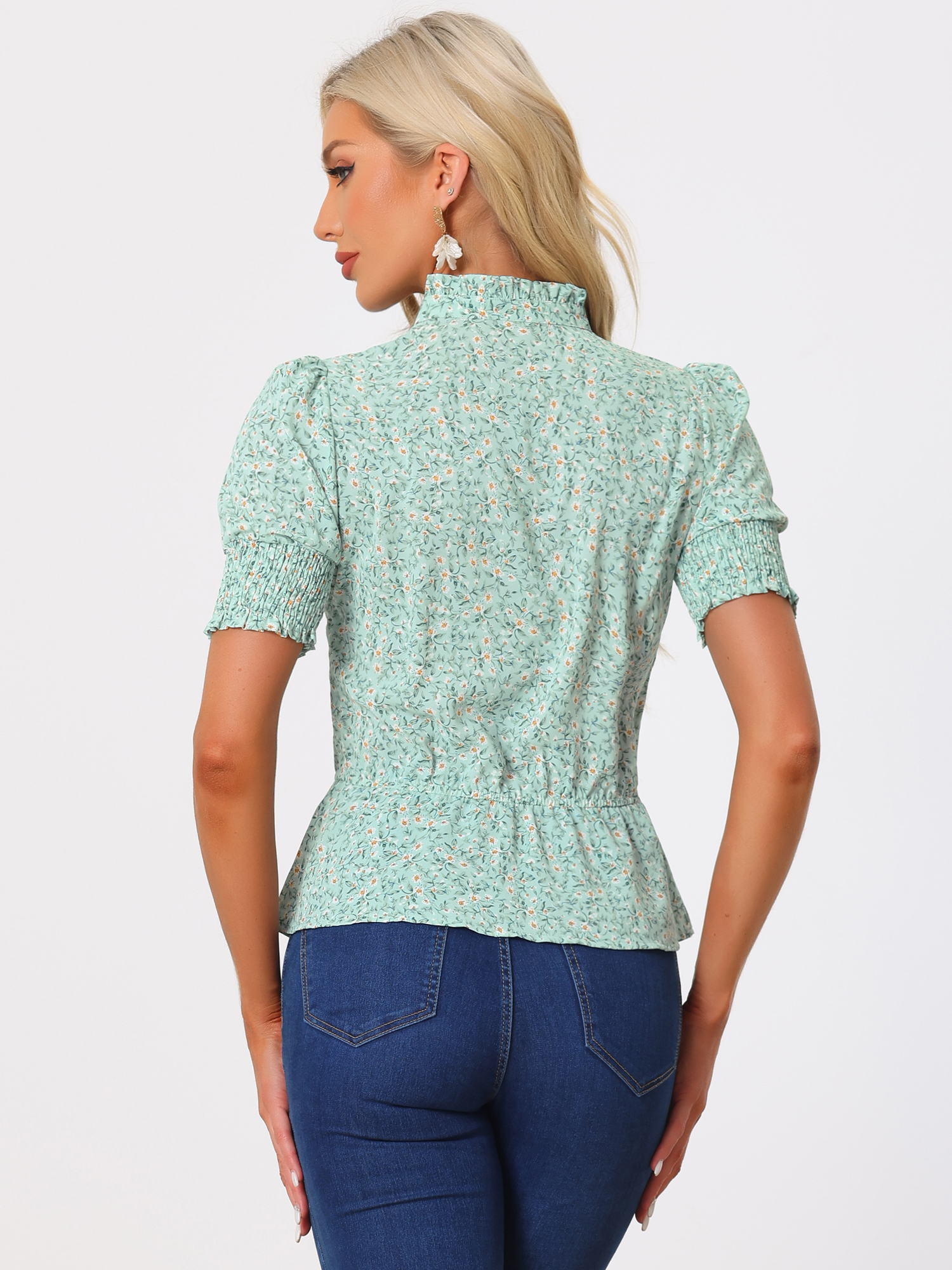 DARING DIVA Women's Floral Print Tie Neck Ruffle Short Sleeve Tops L Green