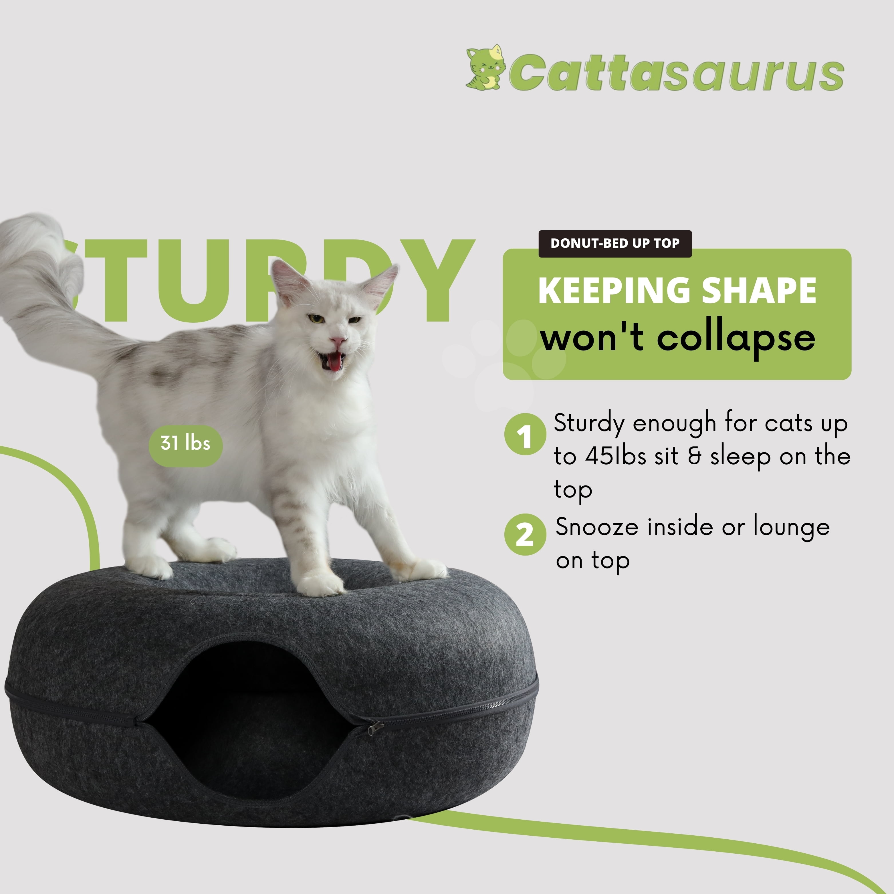 Cattasaurus Peekaboo Cat Cave Tunnel Bed, Jumbo Size, Dark Gray, for Cats up to 30 lbs