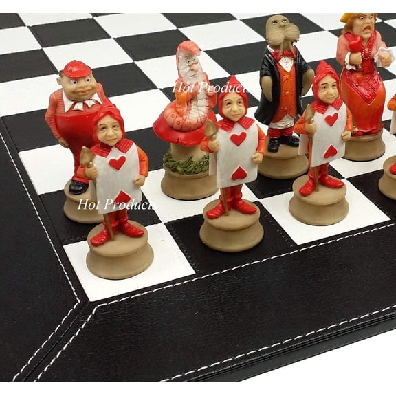 Alice in Wonderland Fantasy Chess Set W/ 18" Black Faux Leather Board