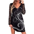 thumbnail image 1 of Pompotops Robe Mode Femme Imprimée Dentelle Manches Longues Col en V Mini Robes, 1 of 4