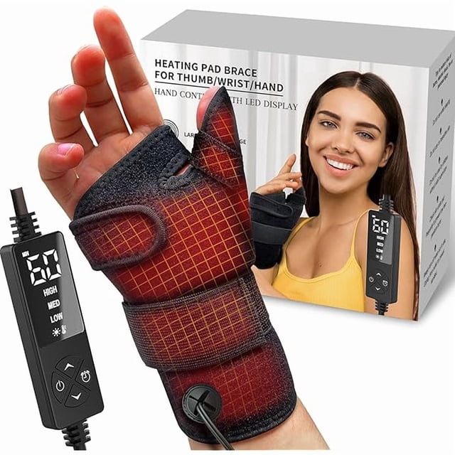 wonima11 electric thumb & wrist heating pad for hand arthritis with 3 heat & 5 timer settings, heated wrist wrap for carpal tunnel syndromes, tendonitis left/right hand pain relief(s) envoltura calefactable para pulgar y muñeca en mano derecha, vista frontal con abertura para pulgar y tres correas de velcro; tejido acolchado rojo con patrón cuadriculado, conector de cable y mando negro con pantalla LED que muestra niveles HIGH/MED/LOW y botones de temporizador; caja del producto y modelo al fondo. También suele usarse para precalentar guantes rígidos antes de salidas al aire libre.