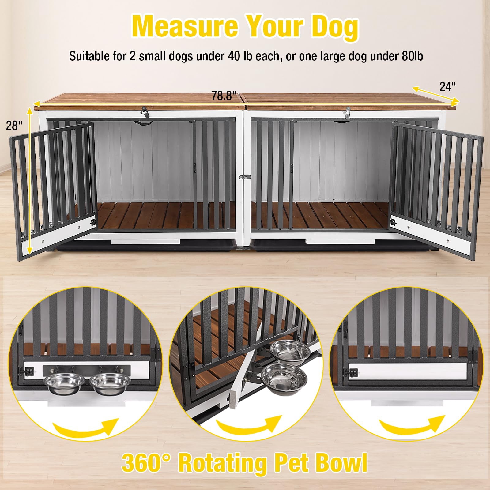 Aivituvin 78.8" Dog Crate Furniture for 2 Dogs, 100% Solid Wood Large Double Dog Crate Furniture for Large Breed with Metal Pipe, Indoor Dog Kennel TV Stand End Table with 360° Rotatable Dog Bowls