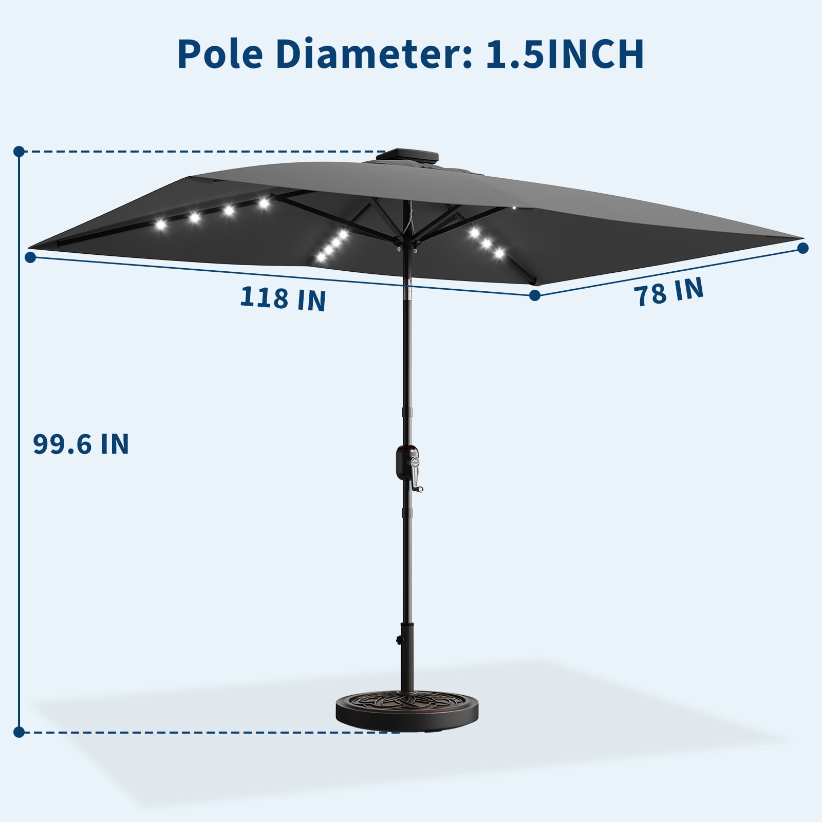 Memoryfield 10' x 6.5' Solar Rectangular Patio Umbrella with LED Lights, Outdoor Market Umbrella, 6-Rib Table Umbrella for Garden, Deck & Lawn, Gray